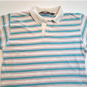 Eddie Bauer Mens Large Polo Shirt White Red Teal Stripe Short Sleeve Cotton Golf